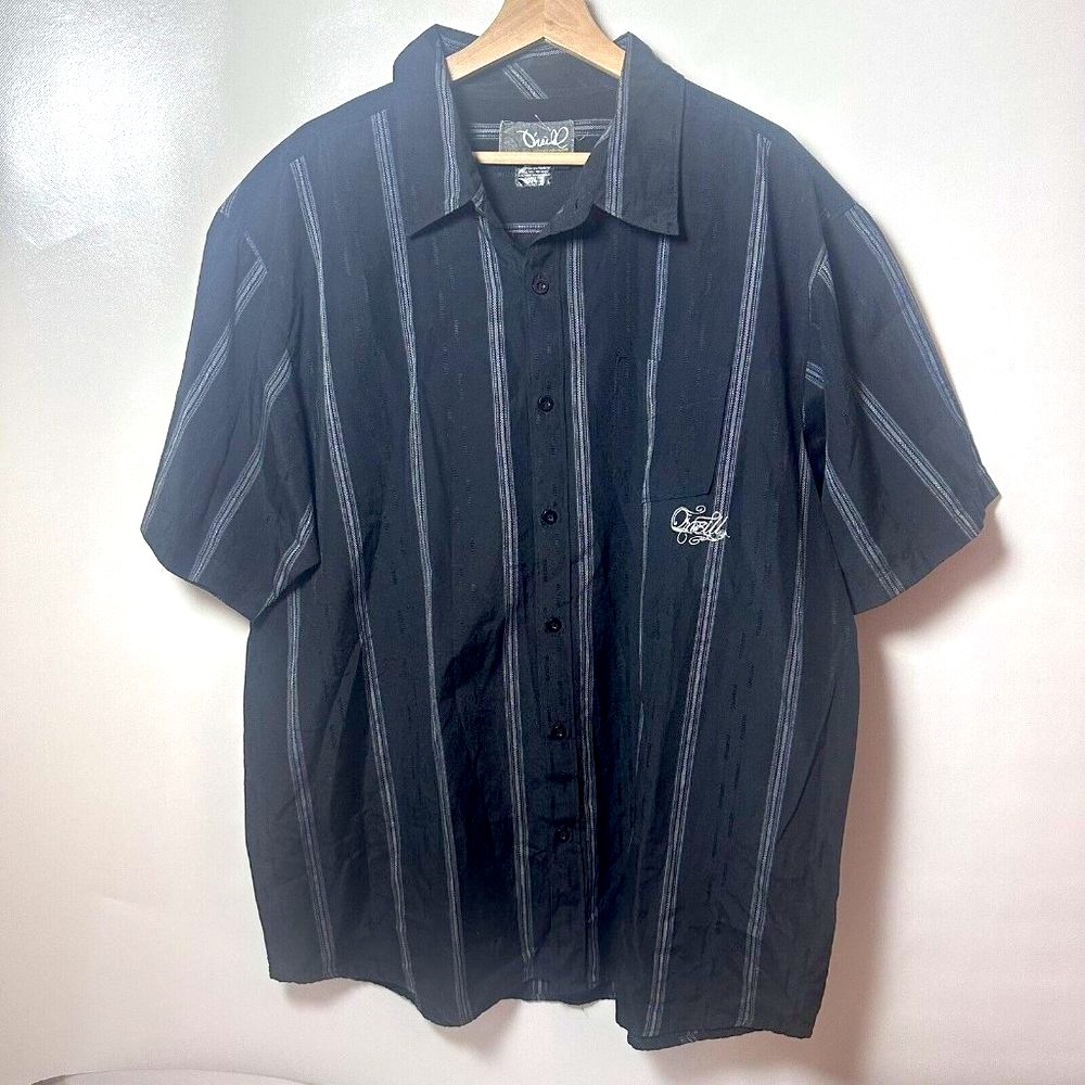 O'neill Shirt Mens 2X Black Striped Short Sleeve Button Down Embroidered Y2K